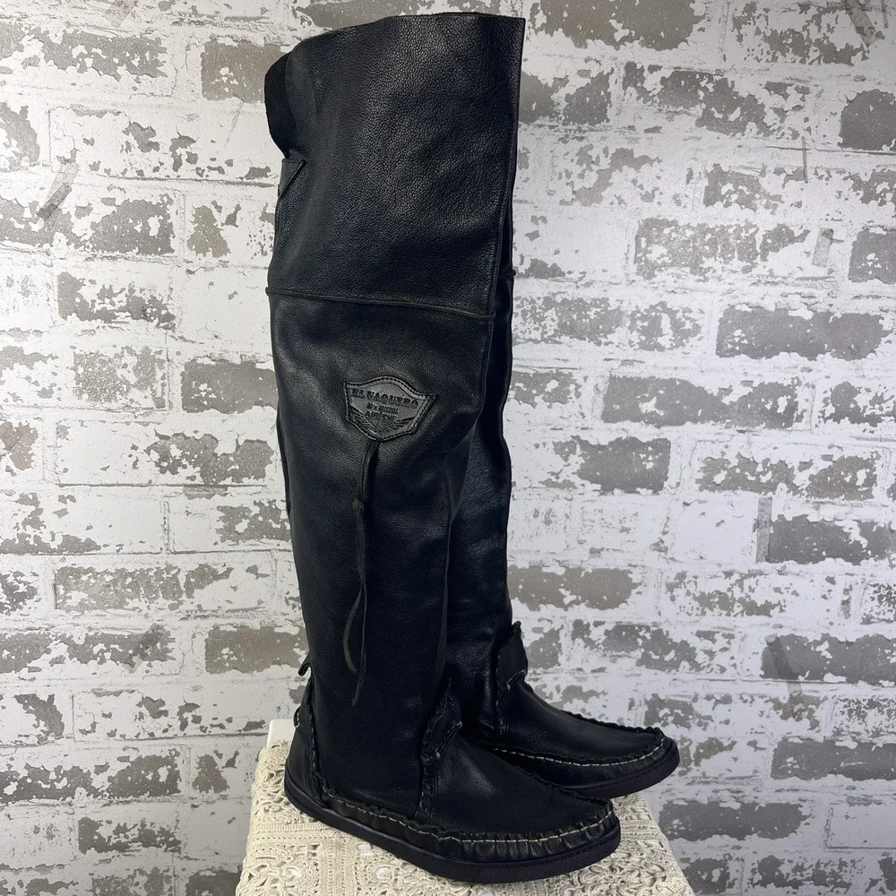 El Vaquero Black Majove Over The Knee Moccasin Boots Sz38 US 7.5-8 Leather Moto
